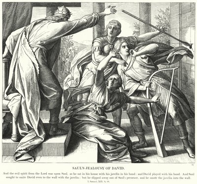La gelosia di Saul verso Davide (incisione) da Julius (after) Schnorr von Carolsfeld
