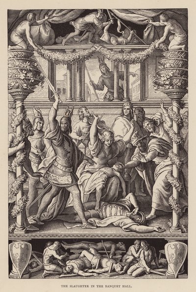 Il massacro nella sala del banchetto (incisione) da Julius (after) Schnorr von Carolsfeld