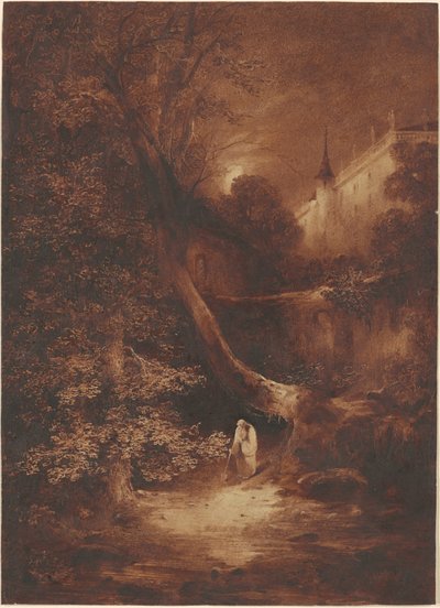 Paesaggio al chiaro di luna con un monaco che cammina vicino a un palazzo da Julius Albert Elsasser