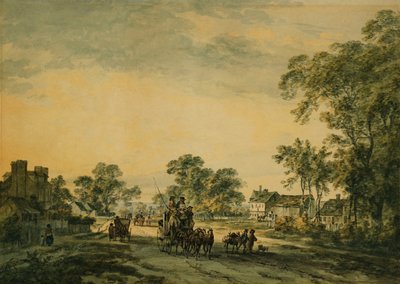 Una carrozza e figure su una strada di campagna aperta da Julius Caesar Ibbetson