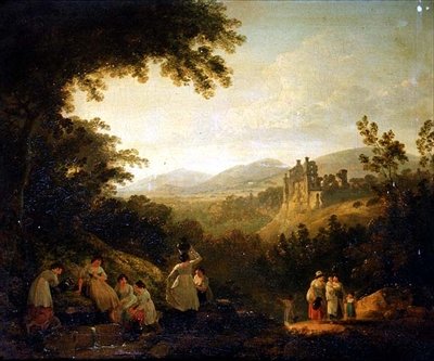 Un paesaggio boscoso con lavandaie vicino a una fontana da Julius Caesar Ibbetson