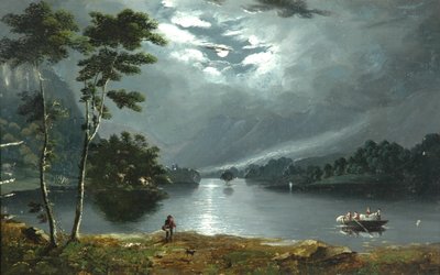 Traghetto, Windermere, guardando a nord e lago al chiaro di luna da Julius Caesar Ibbetson