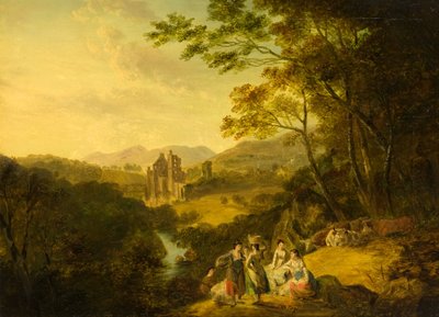 Castello di Rosslyn con lavandaie e bestiame, c.1800 da Julius Caesar Ibbetson