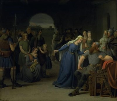 La regina danese Thyra Danebod cerca di ammorbidire il cuore del marito, Gorm il Vecchio, verso alcuni prigionieri cristiani da Julius Exner