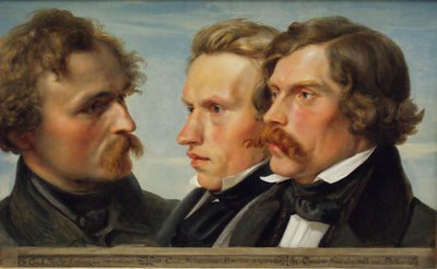 Giovane Düsseldorf. Ritratto di gruppo dei pittori Karl Friedrich Lessing, Carl Ferdinand Sohn e Theodor Hildebrandt, 1839 da Julius Huebner