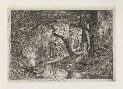 Paesaggio boschivo con ruscello e alberi sulla riva da Julius Jacobus van de Sande Bakhuyzen