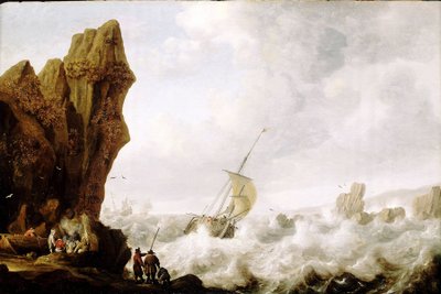 Una barca da pesca con due alberi (hooker) in mari turbolenti, stretta in un passaggio circondato da una costa di rocce ripide. Olio su legno, intorno al 1620, di Julius Porcellis (1609-1645) da Julius Porcellis