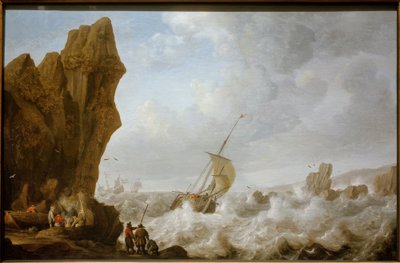 Barca da pesca in mare tempestoso davanti a una costa rocciosa da Julius Porcellis
