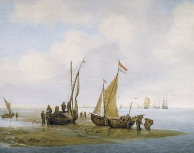Pesca di cozze, tre barche da pesca olandesi sulla riva, una delle quali ha la vela alzata, e gruppi di pescatori impegnati a mantenere e scaricare le barche, più avanti sulla spiaggia, altri due trasportano cesti pieni di cozze da Julius Porcellis
