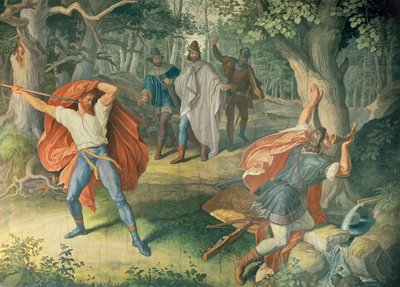 Hagen uccide Sigfrido alla fontana, Sala dei Nibelunghi da Julius Schnorr von Carolsfeld