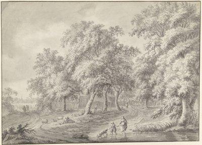 Paesaggio con madre e bambino con cane che attraversano una pozza da Jurriaan Andriessen (possibly)