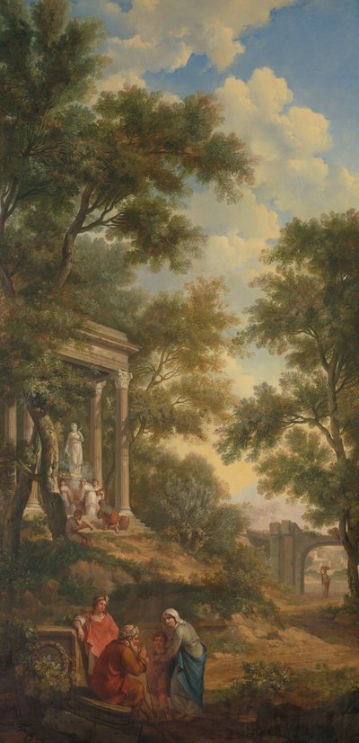 Paesaggio arcadico con tempio a sinistra e vecchio seduto in primo piano da Jurriaan Andriessen