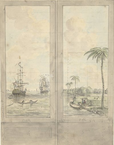 Progetto per due pannelli decorativi: fiume con navi nelle colonie da Jurriaan Andriessen