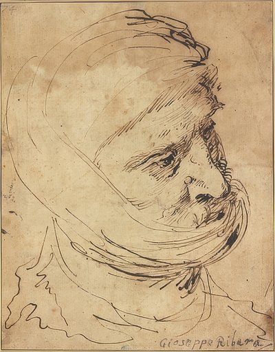 Testa barbuta con un panno legato sotto il mento da Jusepe de Ribera