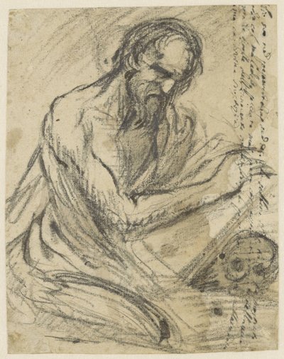 San Girolamo, scrivendo in un libro che tiene sopra un teschio da Jusepe de Ribera
