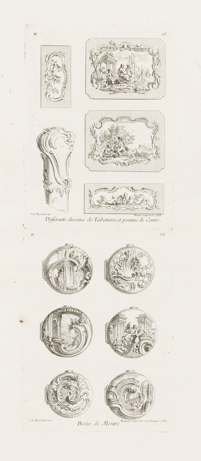 Differenti Disegni per Tabacchiere e Manico di Bastone, 5a Tavola, tav. 53 in Oeuvre de Juste-Aurèle Meissonnier da Juste Aurèle Meissonnier