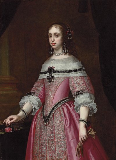 Ritratto di una signora, a tre quarti di lunghezza, in un vestito rosa ricamato, copricapo elaborato e orecchini, con guanti nella mano sinistra e una rosa nella destra, una colonna drappeggiata dietro da Justus (circle of) Sustermans