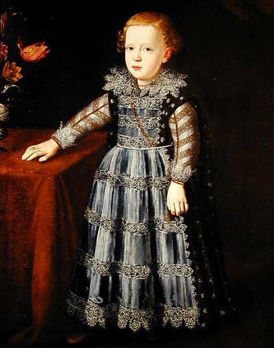 Ritratto di un bambino in piedi accanto a un tavolo da Justus Sustermans