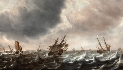 Navi in Mari Mossi con una Balena in Primo Piano da Justus de Verwer