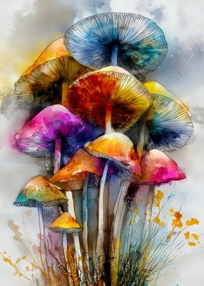 Funghi colorati dipinti ad acquerello da Justyna Jaszke