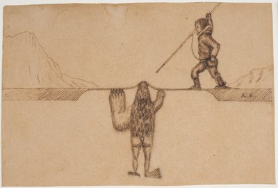 Motivo da una leggenda della Groenlandia orientale (Un cacciatore solleva il suo arpione contro una creatura marina, tupilak, metà foca metà uomo con una zampa di orso e un artiglio di uccello) da Kaarale Andreassen