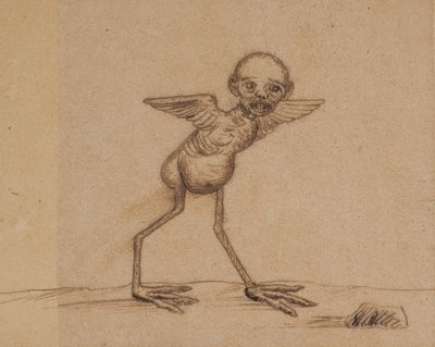 Motivo da una leggenda della Groenlandia orientale (Una creatura uccello con testa di bambino. Uno dei due tupilak della famiglia Andreassen) da Kaarale Andreassen