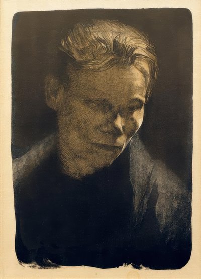 Mezzobusto di una donna lavoratrice con scialle blu da Käthe Kollwitz