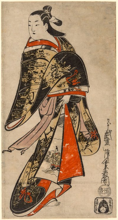 Cortigiana a passeggio, 1714 circa (stampa su blocco di legno colorato a mano; tan-e, o-oban verticale) da Kaigetsudo Anchi