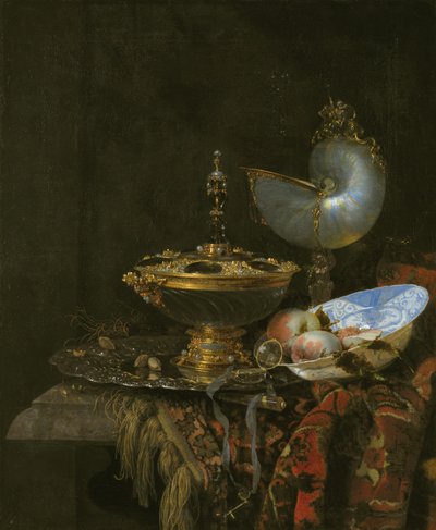 Natura Morta con Coppa Holbein, Coppa Nautilus, Calice di Vetro e Piatto di Frutta da Kalf