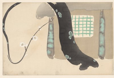 Albero di prugne vicino al bordo del tetto (Momoyogusa, dl. 1) da Kamisaka Sekka