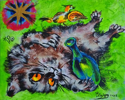 Gatto e uccellino che giocano da Kanat Ibragimov