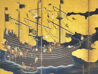 (dettaglio) dei Barbari del Sud che vengono a commerciare, coppia di schermi a sei pannelli, inizio XVII secolo da Kano Naizen