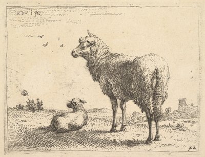 Una pecora matura in vista di tre quarti in piedi e guardando a sinistra, accanto a essa un agnello giace da Karel Du Jardin