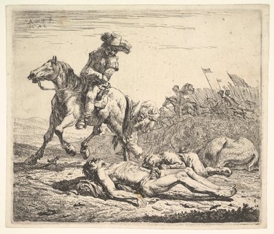 Campo di battaglia con cavaliere che guarda oltre la spalla sinistra verso un cadavere spogliato, 1652 da Karel Du Jardin