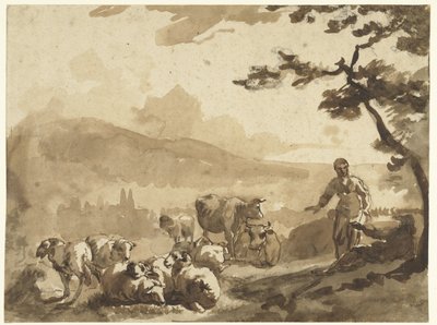 Paesaggio montano con pastori e il loro gregge di pecore e mucche da Karel Du Jardin