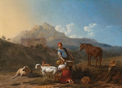 Paesaggio italiano con ragazza che munge una capra da Karel Du Jardin