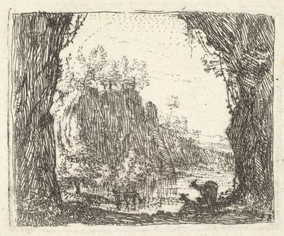 Paesaggio con alberi in primo piano a sinistra e a destra, silhouette di due capre, ca. 1641-78 da Karel Du Jardin
