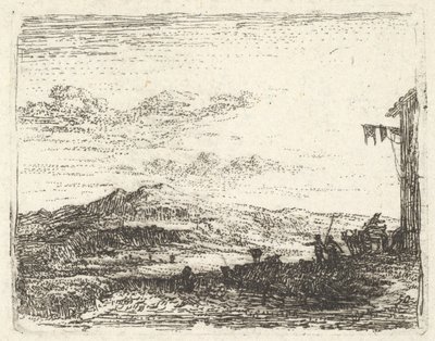 Paesaggio con angolo di edificio e tenda a destra, due figure e un cavallo da Karel Du Jardin