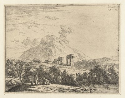 Paesaggio con rovina e due uomini con un cane da Karel Du Jardin