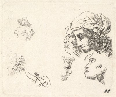 Studio di teste in vista di profilo, una donna con copricapo e un uomo barbuto le cui teste ..., ca. 1641-78 da Karel Du Jardin