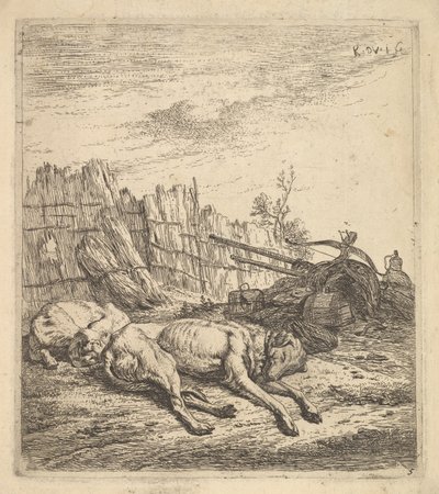Due cani che dormono a terra, un aratro, attrezzi agricoli, fasci di paglia, ca. 1641-78 da Karel Du Jardin
