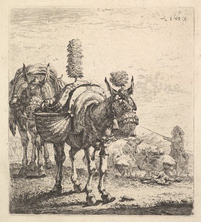 Due muli con ceste e bardati con paraocchi, piume e nappe, ca. 1641-78 da Karel Du Jardin
