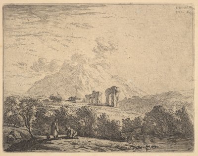 Veduta di collina con rovine, un acquedotto e una rupe montuosa oltre, in primo piano un m..., 1658 da Karel Du Jardin