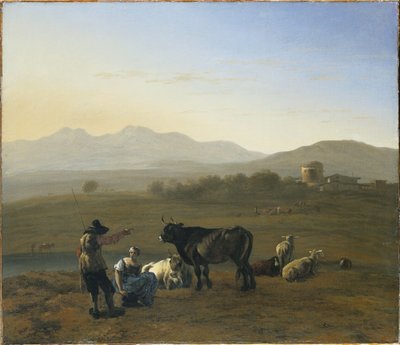 Un ampio paesaggio nella campagna romana, con bestiame e pastori, 1975 da Karel Dujardin
