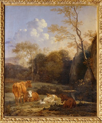 Le bocage, Mucche, asini e pecore vicino a un ruscello ... da Karel Dujardin