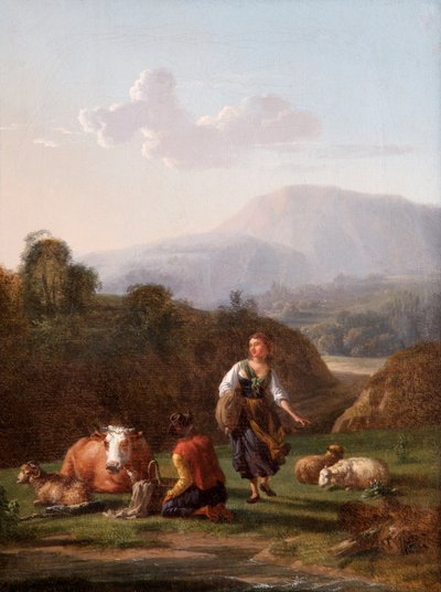 La riva del fiume: paesaggio con figure e bestiame da Karel Dujardin