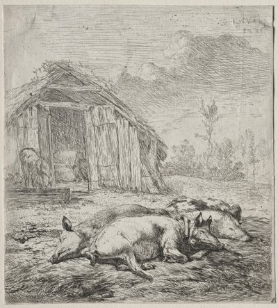 Tre maiali sdraiati davanti a un porcile da Karel Dujardin