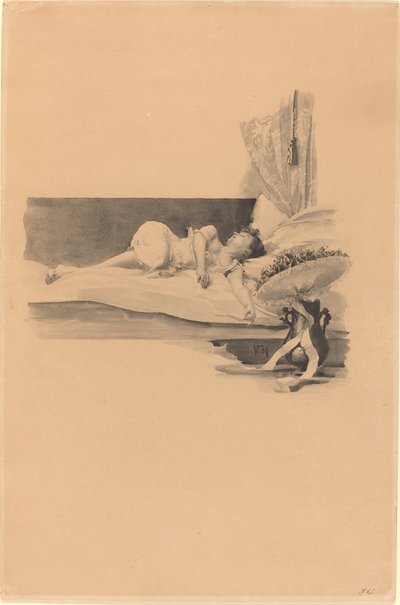 Illustrazione per "Jestrab Kontra Hrdlicka, XXII" (Ragazza addormentata su un letto) da Karel Vitezslav Masek