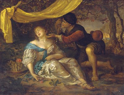 Un pastore inginocchiato su una signora che dorme sotto un baldacchino in un paesaggio boscoso da Karel de Moor