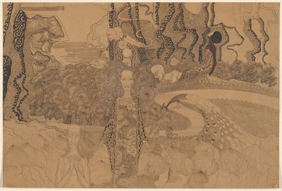 Rappresentazione allegorica con figure e un pavone in un giardino da Karel de Nerée tot Babberich (signed by artist)